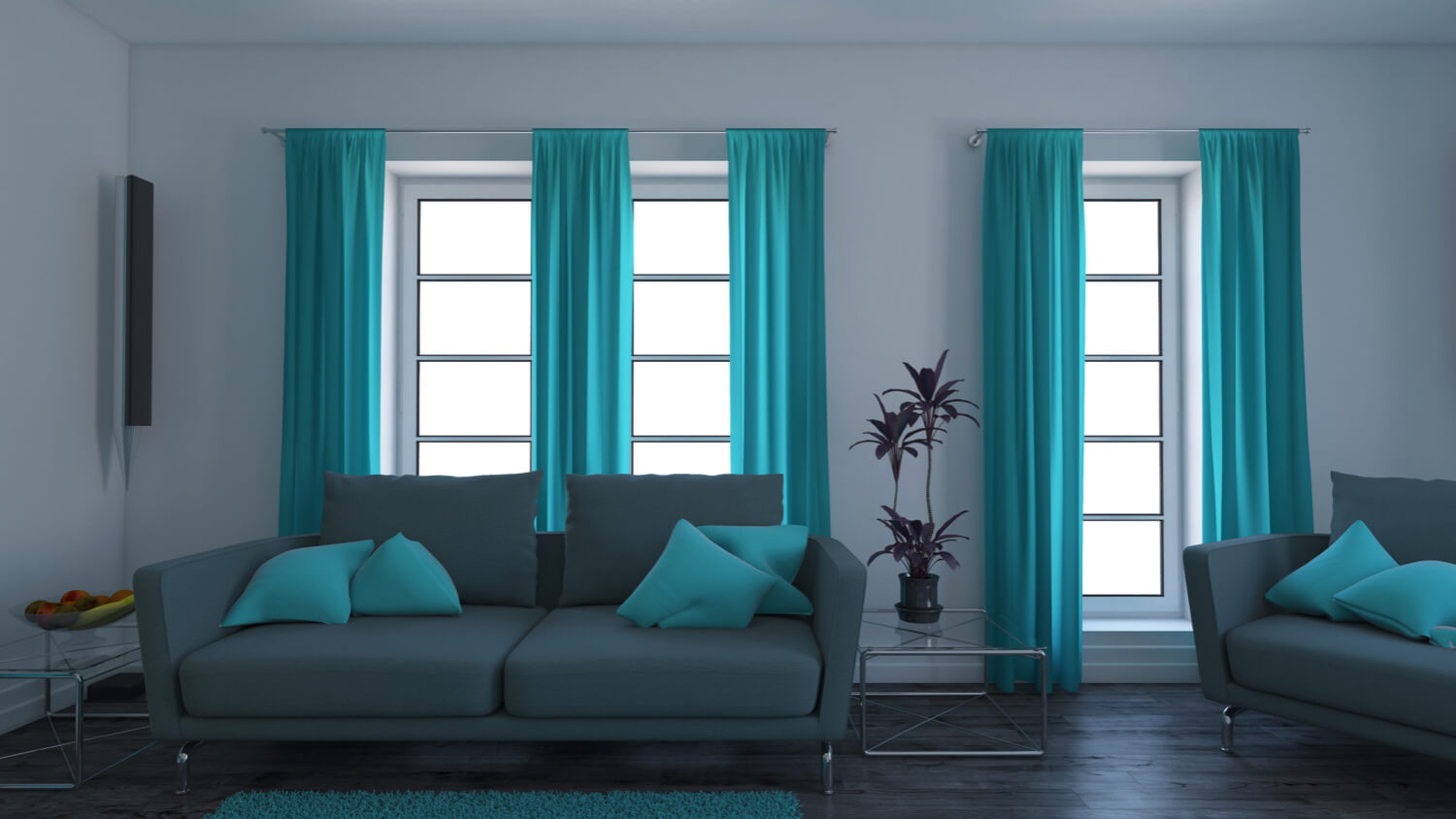 salon moderno con cortinas verde turquesa